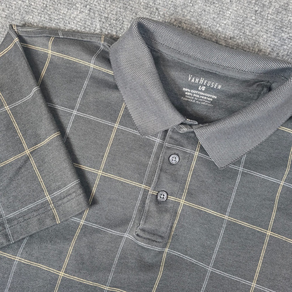 Van Heusen Mens Large Gray Windowpane Plaid Short Sleeve Polo Shirt Cotton Blend